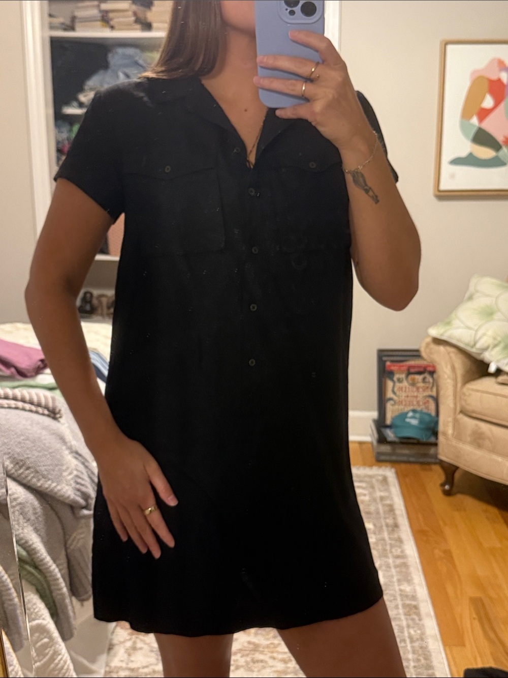 Banana republic Black Short-Sleeve Button-Down Shirt Dress